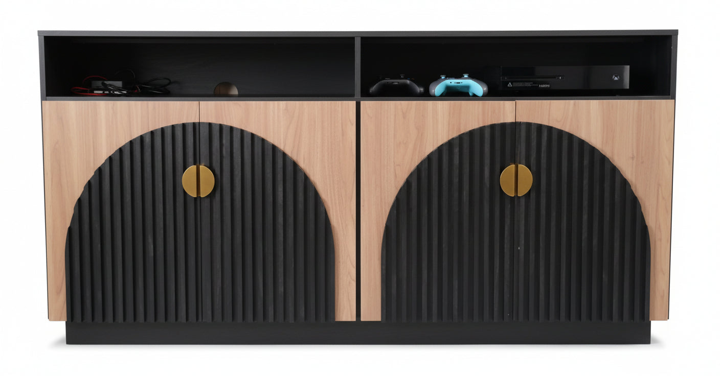 Mid-Century Modern TV Stand – 2-Piece Entertainment Console with Adjustable Shelves & Doors, Black & Camel